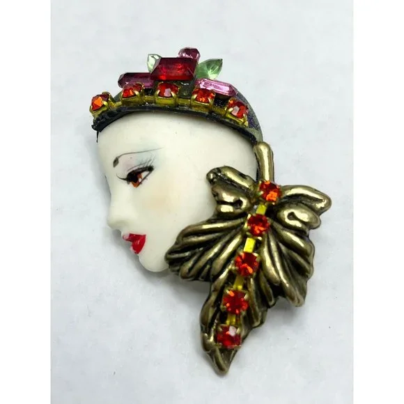 Vintage Art Deco Rhinestone Lady Woman Brooch Pin
